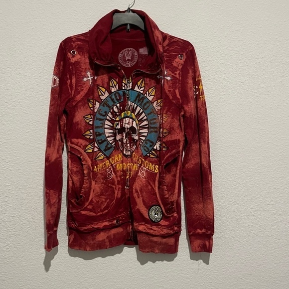 Affliction Women’s American Custom Red Distressed Skull Zip Up Jacket Size Large - Picture 1 of 6